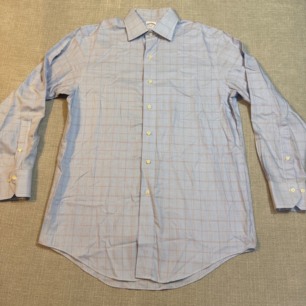 Brooks Brothers 346 Dress Shirt 15 2/3 Blue Plaid No Iron Regular Fit Cotton